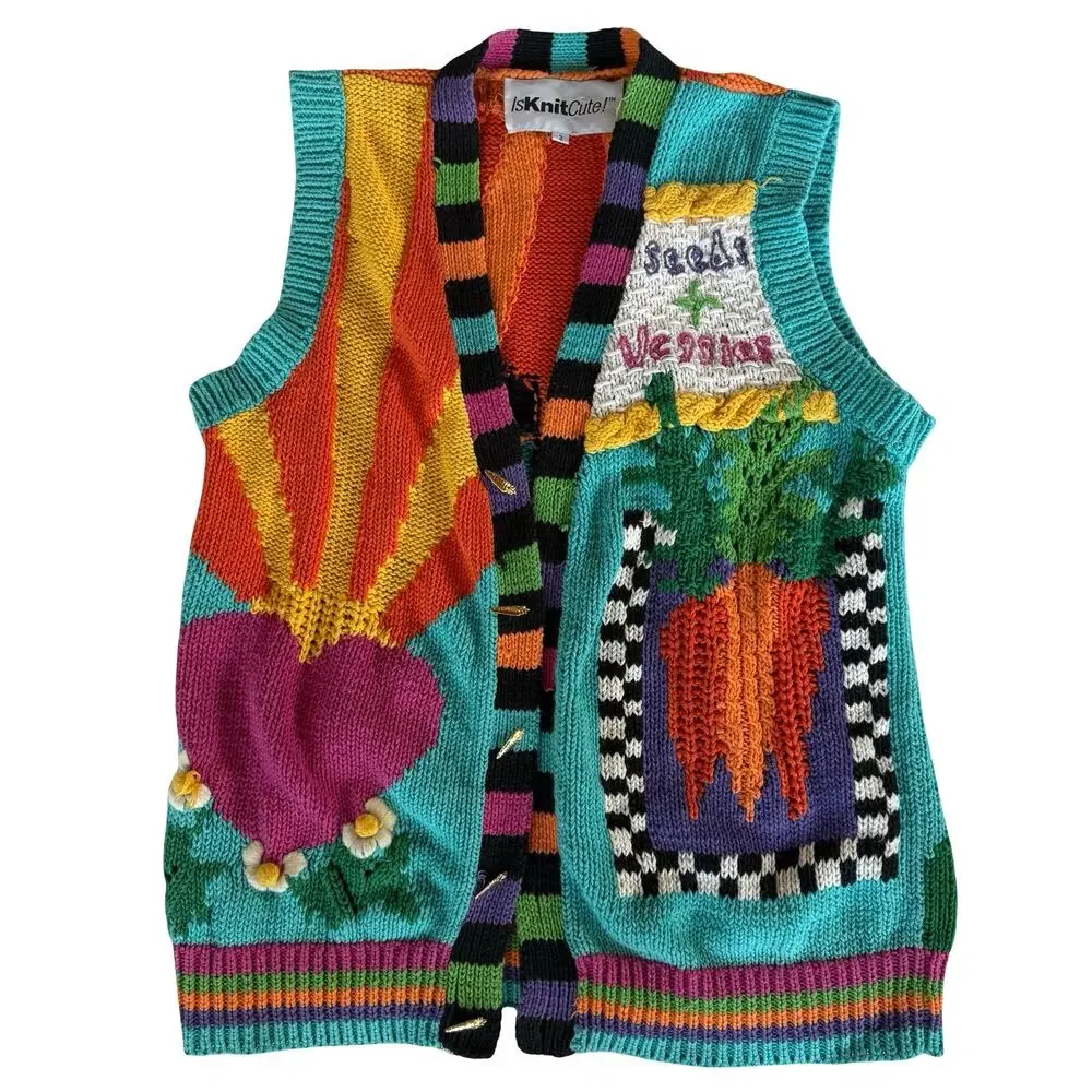 Vintage IsKnitCute! Spring Garden Rabbit Multicolor Knit Vest Womens Plus Size 2
